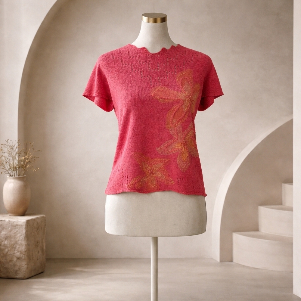 Susan Bristol Coral and Mustard Short Sleeve Tee Size Large - Picture 2 of 6